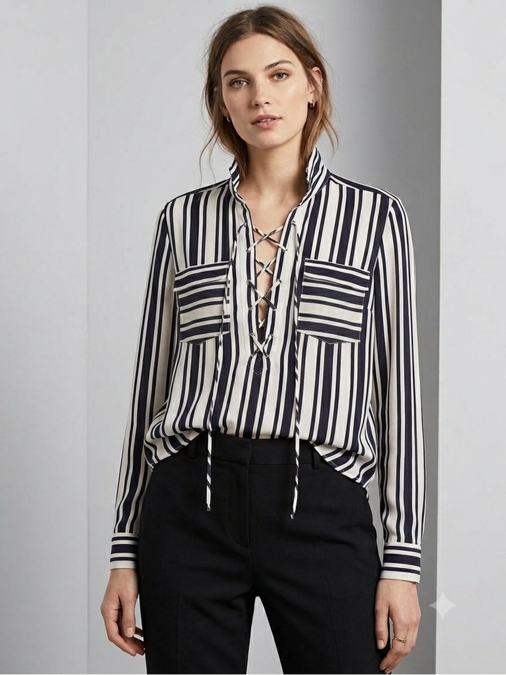Express Navy Blue and White Striped Lace-Up V-Neck Blouse Size M